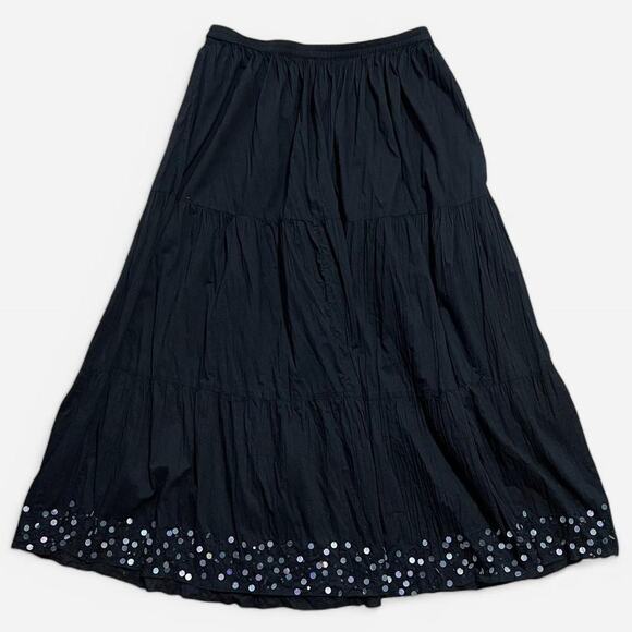VTG 90s Phool Black Cotton & Iridescent Beaded Tiered Beach Goth Maxi Skirt L/XL - Picture 1 of 7
